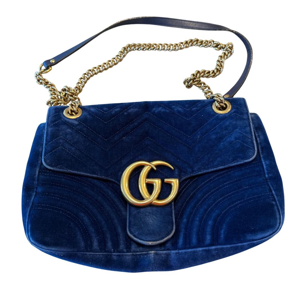 Gucci GG Marmont Medium Navy Blue Velvet Matelassé Shoulder Bag Gold Hardware